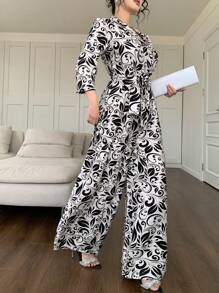 DAZY Mono elegante con bolsillos y cinturón, estampado completo para mujeres