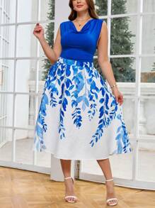 SHEIN Clasi Elegant Contrast Color Print 2 Pieces Suit, Suitable For Commute And Daily Wear, Plus Size,Mother's Day,4th Of July, Graduation ,Church Outfits Women ,Summer Tops, Church Outfits Women,Two Pieces Summer Set,Summer Sets,Blue For Women, - Blue and White - View 1