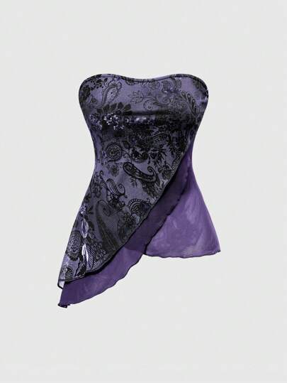 Fairycore Women Summer Resort Paisley Pattern Asymmetric Mesh Splicing Hem Tube Top