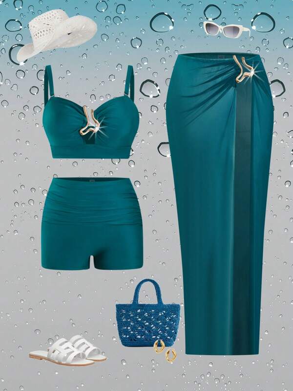 Swim Oasis Plus Size Women 3pcs Set, Water Duck Blue Bandeau Top, Ruched Briefs Swimsuit With Sheer High Slit Mesh Sarong Skirt, Summer Beach Vacation