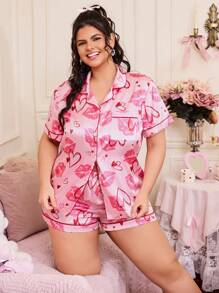 SweetSlumber Conjunto de pijama de satén de talla grande con estampado de corazón y labios