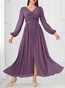 Modelyn 女士优雅纯色灯笼袖连衣裙