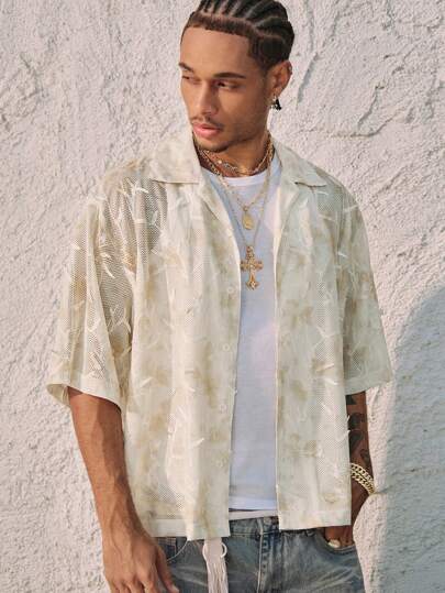 Street Life Camicia casual da uomo a manica corta con stampa a motivo botanico, monopetto, vestibilità morbida e ampia