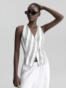 Ontre Nuovo completo da donna 2025, gilet a righe, stile vacanziero, silhouette aderente, design con cintura in vita, con bottoni a conchiglia, giacca sottile, abbigliamento primavera/estate, per uso quotidiano