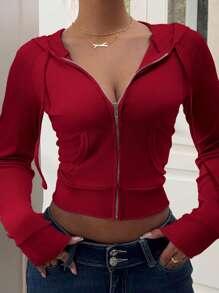 大码女式纯色修身连帽轻便夹克 - 酒紅色 - 查看 1