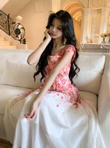 DAZY SHEIN X Hannahelzahed Neues elegantes Farbverlauf-Blumendruck-Sommerkleid für Frauen für Musikfestivals