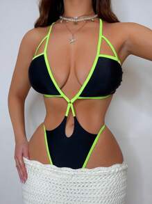 Swim SXY 1 件女式夏季海滩拼色系带镂空性感连体泳衣 - 黑色 - 查看 3