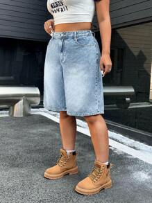 SHEIN ICON Quần short denim ống đứng không co giãn, giản dị, mùa hè dành cho nam/nữ - Rửa nhẹ - Xem 5