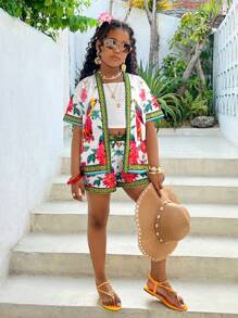 SHEIN 青少年女孩热带印花宽松衬衫开衫和短裤两件套，适合度假、海滩旅行 - 白色 - 查看 4