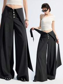 LYSMO 2025 春夏新品男女款不对称腰带纽扣开襟阔腿长裤，时尚前卫 - 深灰色 - 查看 1