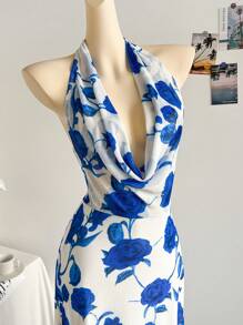 Soleia Nuevo vestido de primavera y verano con estampado de rosas, escote de atar, espalda descubierta, elástico y malla larga - Azul y blanco - Ver 5
