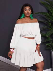 Slaydiva 2pcs/Set Women Plus Size Summer Elegant Vacation Outfit: Off-Shoulder 3/4 Sleeve Crop Top & Ruffled Hem Shorts, Solid Fuchsia - White - View 5