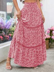 Breezaya Falda de encaje con contraste y estampado floral diminuto para vacaciones de mujer