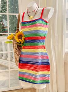 Skyraze Women's Striped Micro Hollow Beach Vacation Dress - Multicolor - View 5