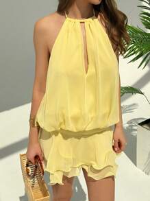 Aloruh Women's Vacation Solid Color Ruffle Hem Halter Neck Mini Dress,Butter Yellow Dress - Yellow - View 5