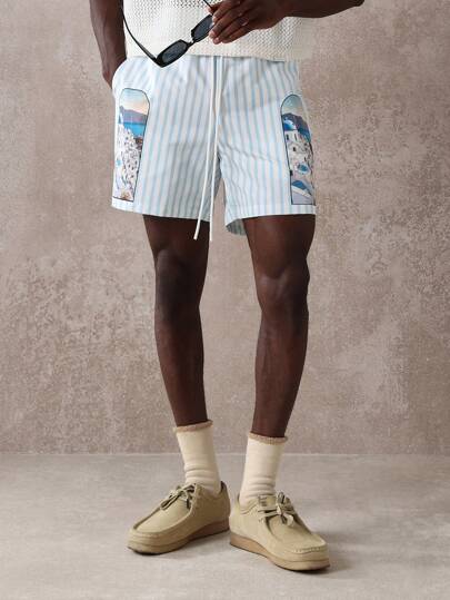 SUMWON 奢华度假条纹短裤圣托里尼印花地中海图案泳裤海滩度假夏季假日泳池装抽绳调节休闲航海风格