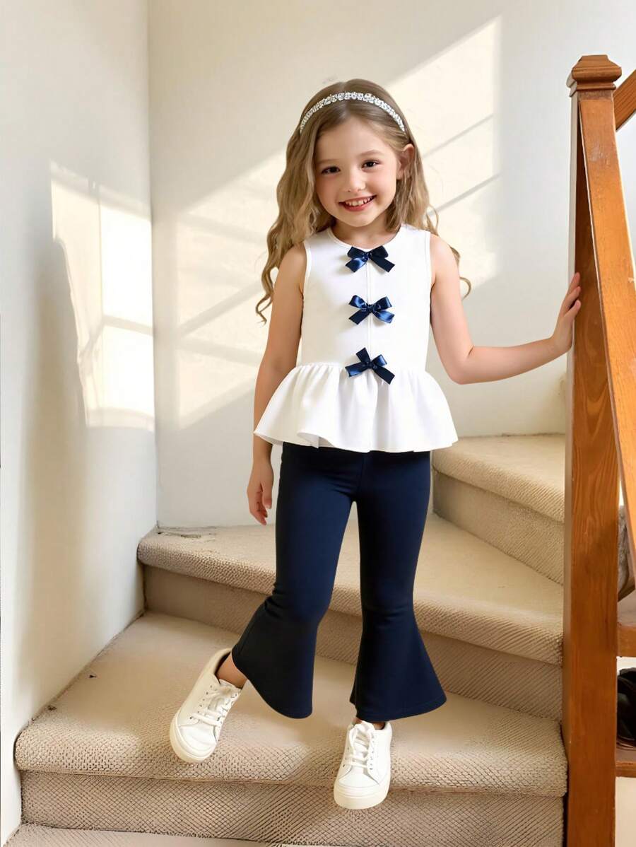 SHEIN 2pcs/Set Girls Casual Elegant City Commuting Bow Decor Sleeveless Top & Fitted Flare Pants Knitted Set