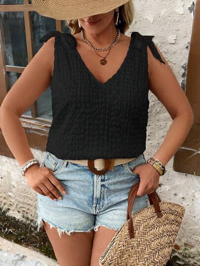 Breezaya Plus Size Solid Color Hollow Checkered V-Neck Tie Strap Tank Top