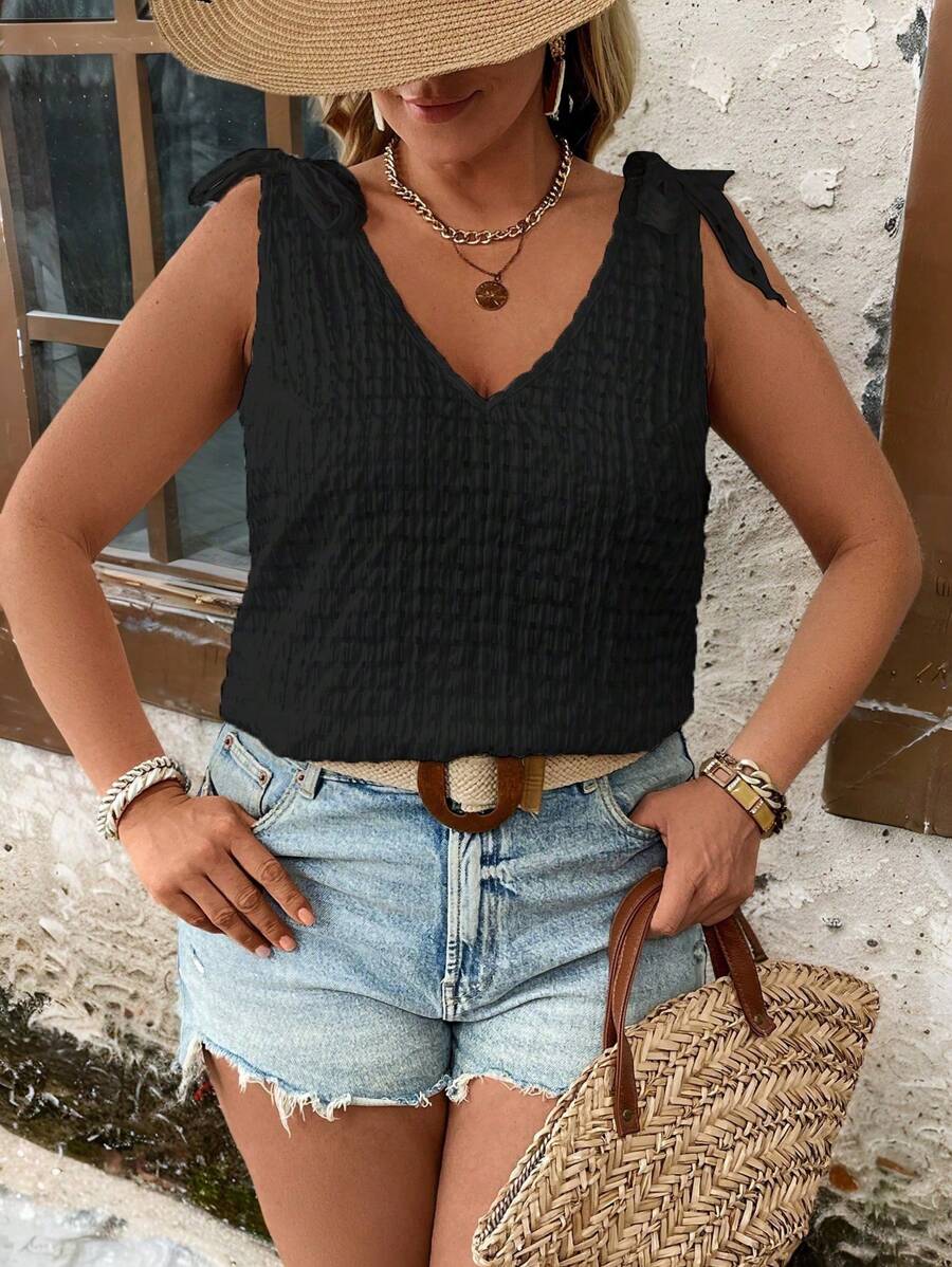 Breezaya Plus Size Solid Color Hollow Checkered V-Neck Tie Strap Tank Top - Black - View 1