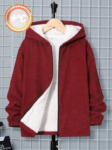 SHEIN 男大童斜插口袋毛絨襯裡連帽外套 - 紅色 - 查看 1