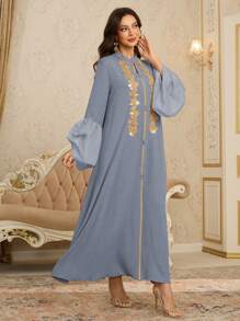 Al Najma Women Patchwork Ribbon Lantern Sleeve Simple Elegant Luxury Fashion Dress, Modest Kaftan