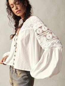 Bohemela Plain Woven Patchwork Long Sleeve Cropped Plus Size Shirt,Vintage - White - View 9