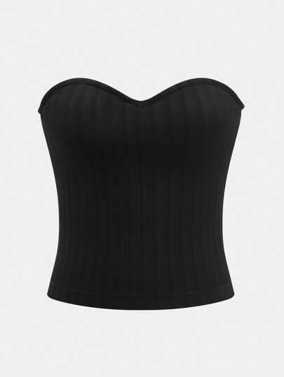SHEIN BASICS Casual Solid Color Knit Cropped Black Tube Strapless Top For Women