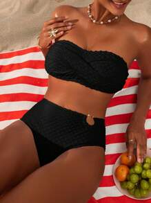 Swim Basics Bộ đồ bơi bikini gợi cảm hở lưng đan chéo màu trơn cho nữ, đi biển mùa hè - màu đen - Xem 4