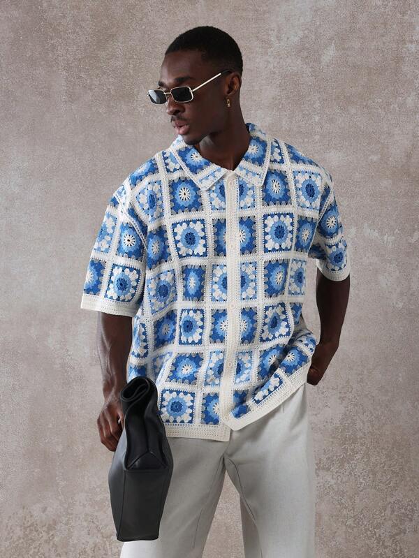 SUMWON Tricou polo cu model croșetat de designer, retro Granny Square, de vară, cu guler tricotat, top modern, casual, ținută de resort, mânecă scurtă, tricotaje