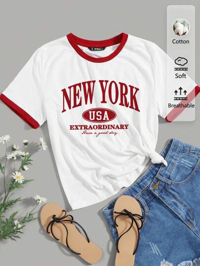 SHEIN EZwear NYC American Academy Letter Graphic Röd Kontrast Trim Kortärmad T-shirt för kvinnor, lämplig för sommar retrostil