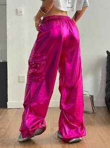 Coolane Women's Summer Streetwear Going Out Fashionable Drawstring High Waist Wide Leg Cargo Pants With Holographic Effect - Hot Pink - View 2