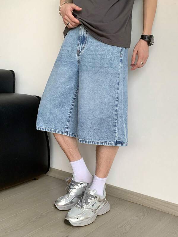 SHEIN Jeans bleu délavé simples et confortables à jambe large et ample de 3 pouces pour enfants, vêtements pour garçons, tenues de tous les jours, tenues d'été et de printemps, tenues de festival et de plage