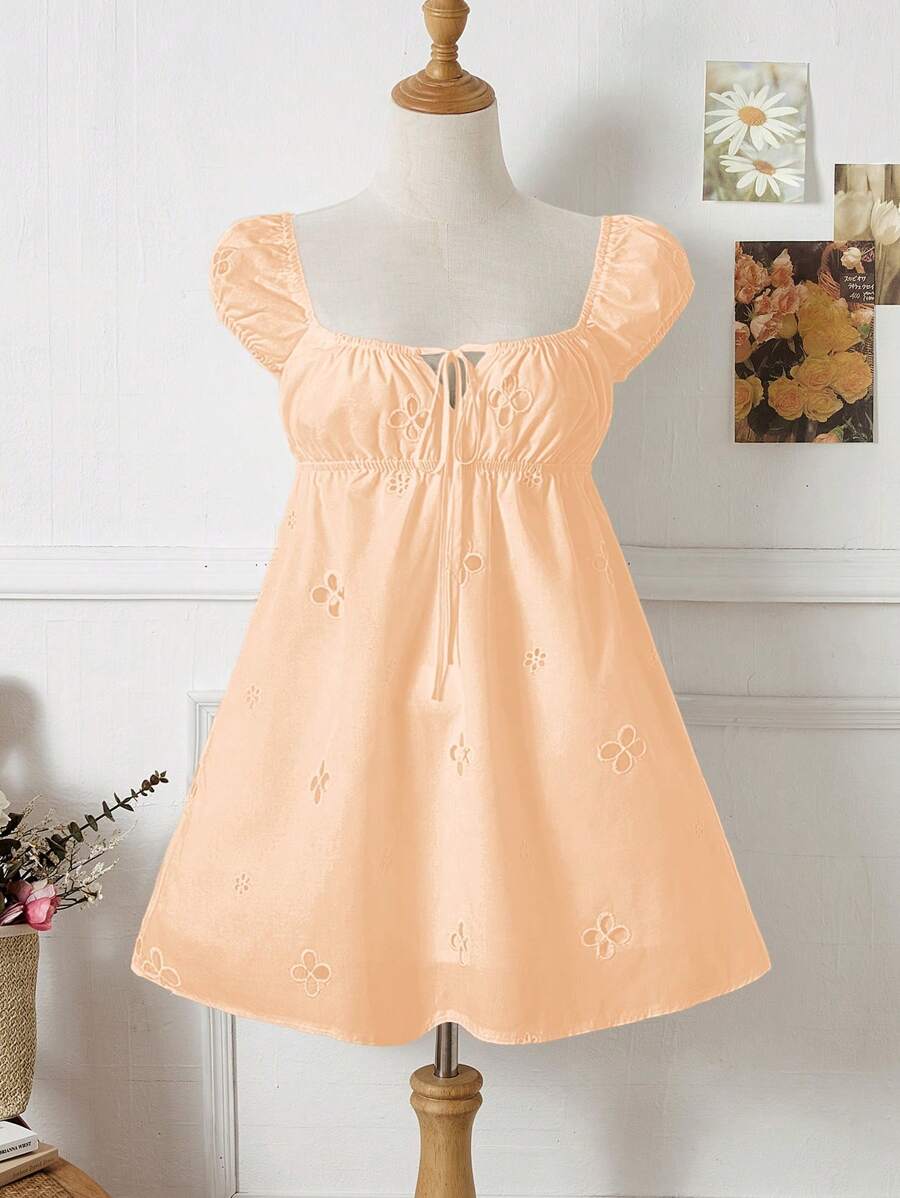 SHEIN Unity Square Neck Ruched Front Tie Floral Embroidered Hollow Out Holiday Mini Dress - Orange - View 1