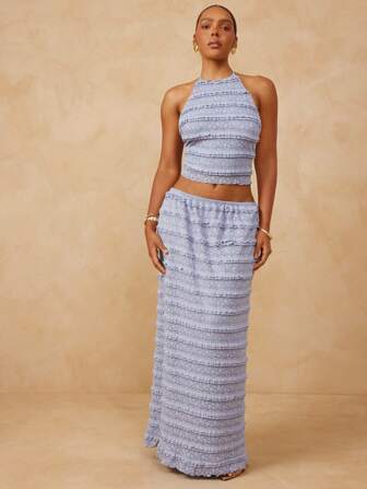 L'Amorae 优雅半透明褶皱蕾丝荷叶边长裙