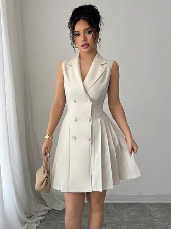 Rafferiza 女式无袖褶皱纯色双排扣优雅连衣裙