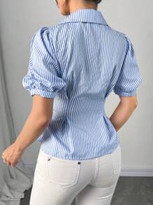 Firerie Women's Elegant Sleeveless V-Neck Bowknot Ruched Striped Blouse - Blue and White - View 2