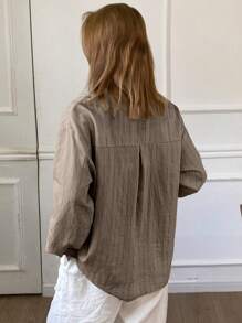 Livesso Striped Loose Long Sleeve Pullover Shirt For Women Linen,Fall Clothes - Brown - View 2