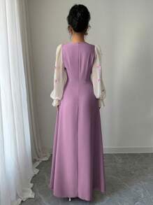 Modelyn Women's Mixed Material Butterfly Decor Cinching Waist Woven Midi Dress Fall Cloth For Women - Purple - View 2