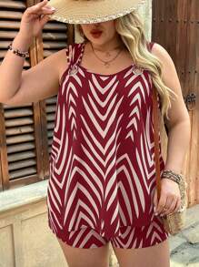 SHEIN VCAY Conjunto de 2 piezas de talla grande de estilo informal elegante con parte superior con patrón geométrico en azul marino y pantalones cortos holgados con bolsillos, atuendo occidental para mujer, estilo bohemio, conjunto de ropa de verano para mujer, ropa de playa, ropa de verano para mujer, atuendo para el Día de San Patricio, conjunto de primavera para mujer, camisetas estampadas