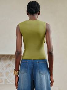 Aveloria 女式绿色交叉褶皱设计背心，夏季，双层褶皱方领百搭背心，春夏季，女士夏季服装