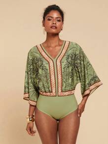 Travachic 女士 V 领印花 3/4 袖紧身衣 - 綠色 - 查看 4