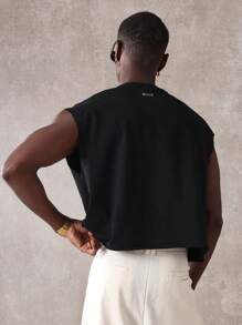 SUMWON Statement Athletic Tank Top Sleeveless Workout Boxy Cut Raw Edge Summer Active Sport Urban Streetwear Training Gym Performance Muscle Tank - Black - View 2