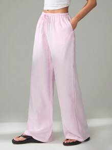 SHEIN Tall Pantalones largos de tejido de cintura baja con bolsillos de sesgo, cordón de ajuste de la cintura y unicolor para mujer