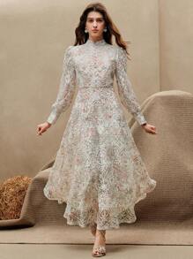 Anewsta Váy trắng tay đèn lồng in họa tiết màu nước thanh lịch, cổ áo cài nút, eo, dáng chữ A, thích hợp cho Giáng sinh, năm mới, lễ hội mùa xuân/hè, lễ tốt nghiệp - Nhiều màu - Xem 7