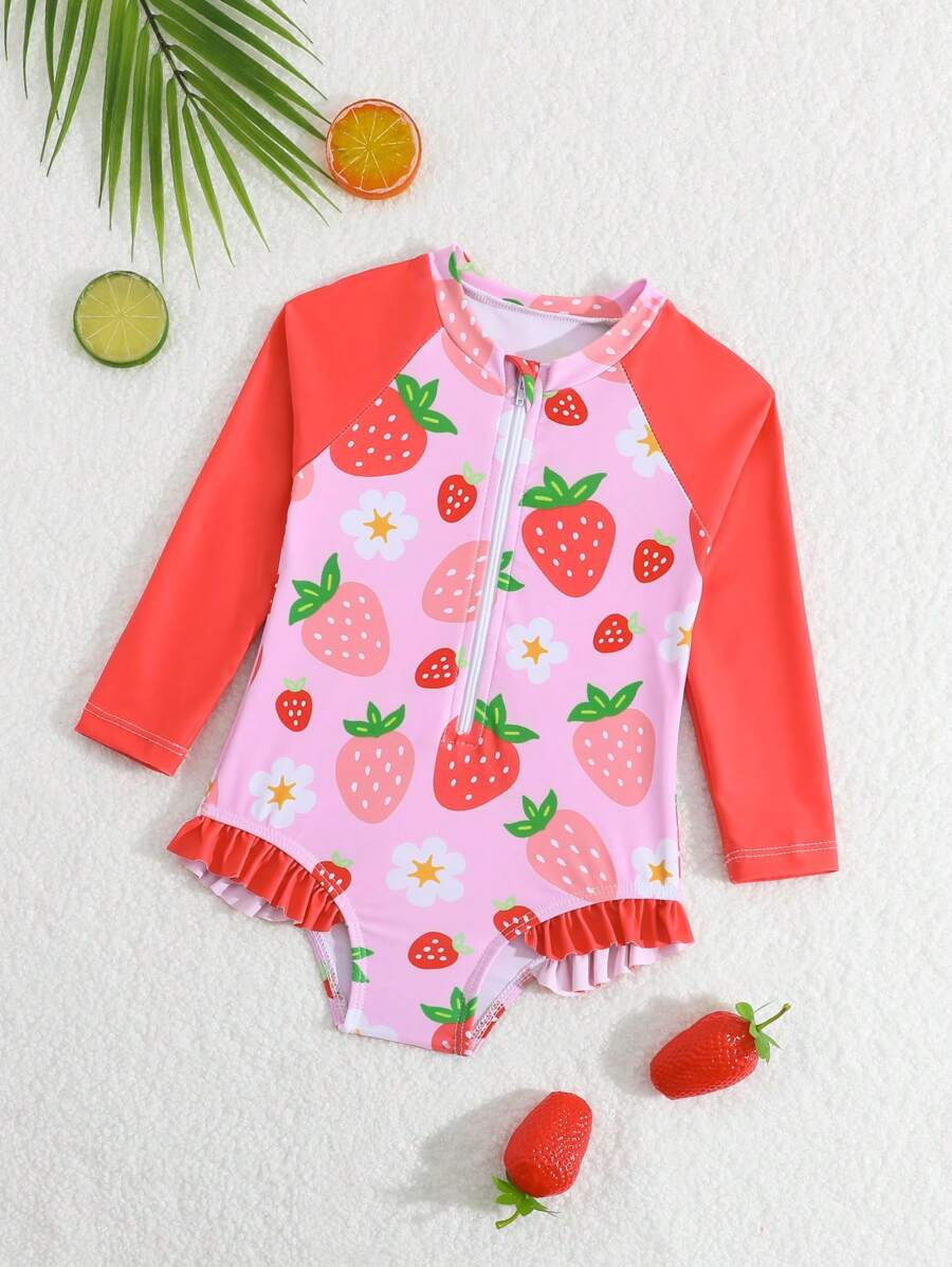 Baby Girl Strawberry Print Ruffle Zip-Up Long Sleeve 1-Piece Swimsuit / Custom Print / Ribbon Edge No Lock Edge Swimsuit - Multicolor - View 1