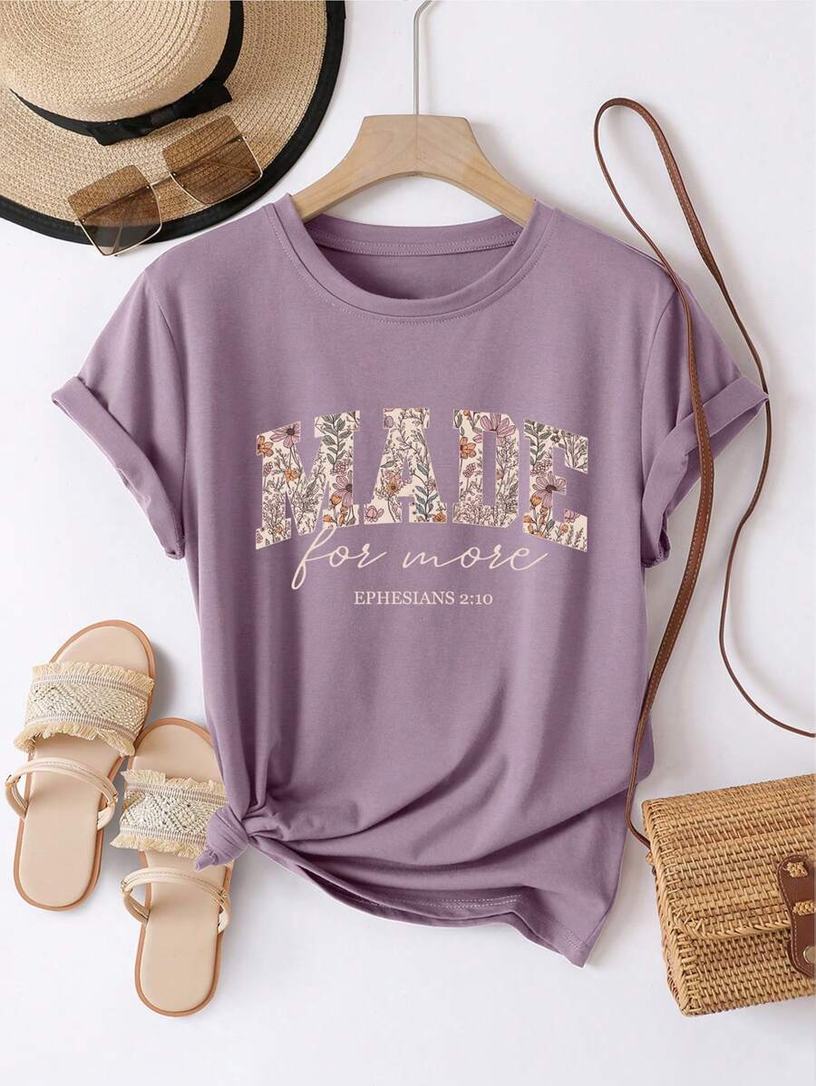 INAWLY Women's Comfortable Floral Christian Short Sleeve Top - Purple - View 1