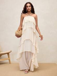 SHEIN Revavyn Damen Apricot Halter Rückenfreies Maxikleid mit Bindedetail und mehrlagigem Rüschensaum, fließender Sommerstil - Aprikosenfarben - Übersicht 4
