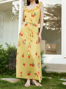 Celisse Women's Summer Casual Holiday Ruffled V-Neck Waisted Long Dress Beach Outfits For Woman