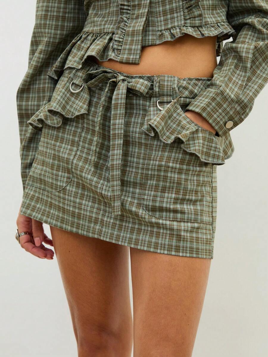 COUREZ Minifalda con volantes y cuadros con nudo delantero / Conjuntos de verano para mujer Y2K Ropa de verano para la Bottom Conjuntos con volantes para salir Vintage