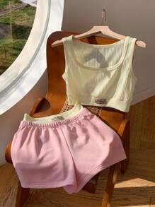 Comfortcana Women's Summer Vacation Letter Print Tank Top And Contrast Color Block Shorts Set, 2 Pieces Outfit Island Vacation Outfits - Apricot - View 4